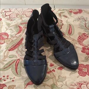 All Black Navy Blue Black Nylon Gladiator Straps Heeled Slip On Shoes